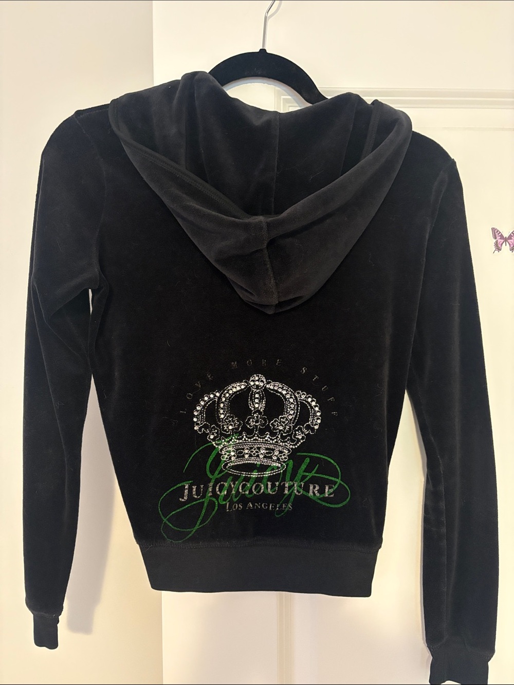 Vintage 2000’s Y2K Juicy Couture Black Velour Rhinestone Zip Hoodie Petite